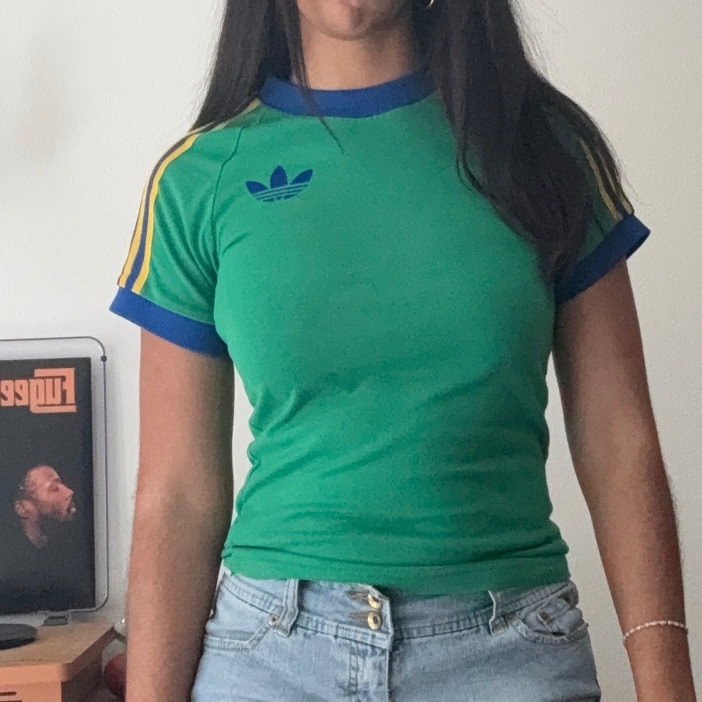 Adidas Originals Brazilcore Ringer T-Shirt Green Blue Yellow Trefoil Slim Fit